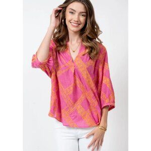 Ivy Jane Pink Rose Floral Pink Embroidered Oversized Collared Popover Top S/M